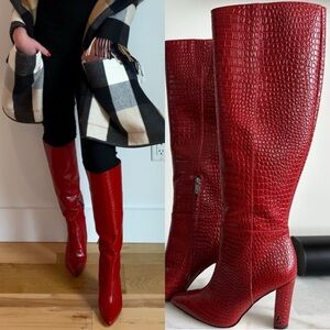 NWOT Sam Edelman Raakel Croc-Embossed Leather Knee-High Boots - Red - Size 5